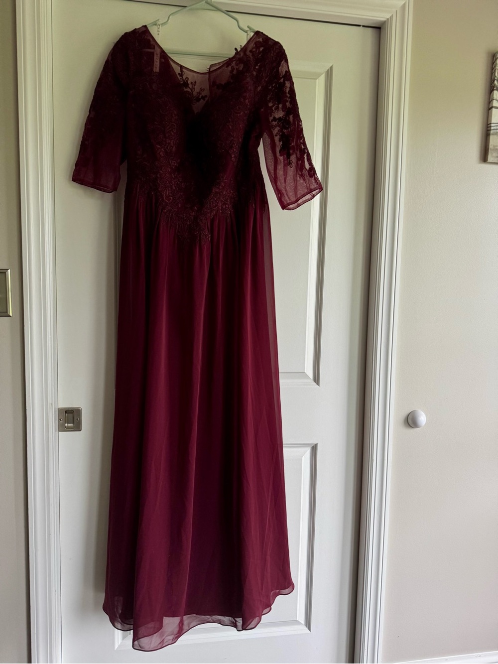 Azazie Burgundy Lace Maxi Dress with Sheer Sleeves - Cabernet